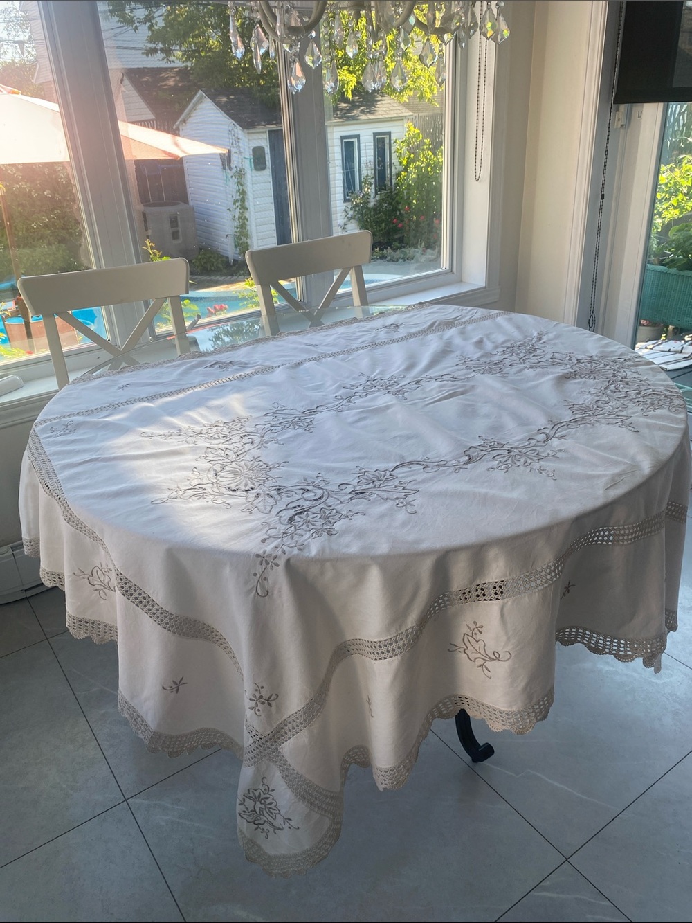 Cream Embroidered Square Cotton Tablecloth w Lace Trim Size L: 67” x W: 50”